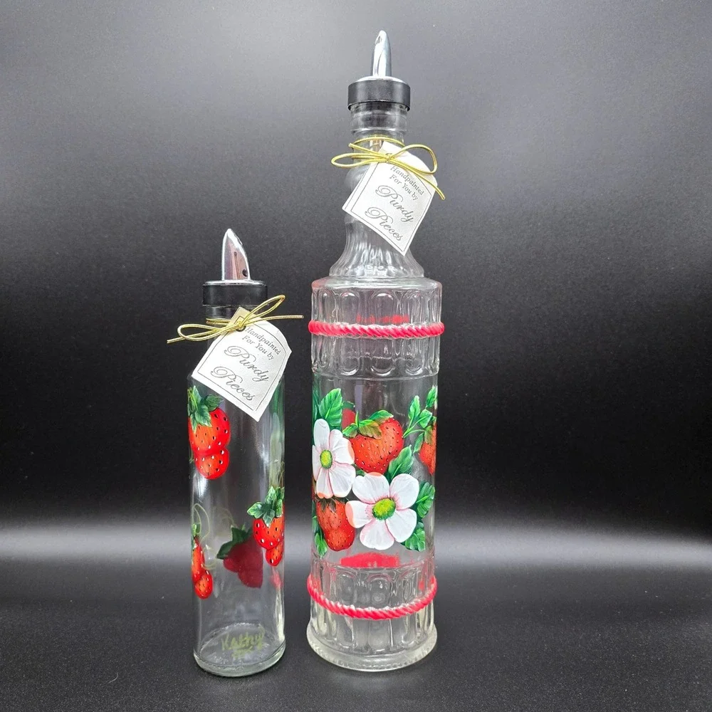 Purdy Pieces Handpainted Strawberry Glass Oil Vinegar Cruet Set Italy Spill-Stop